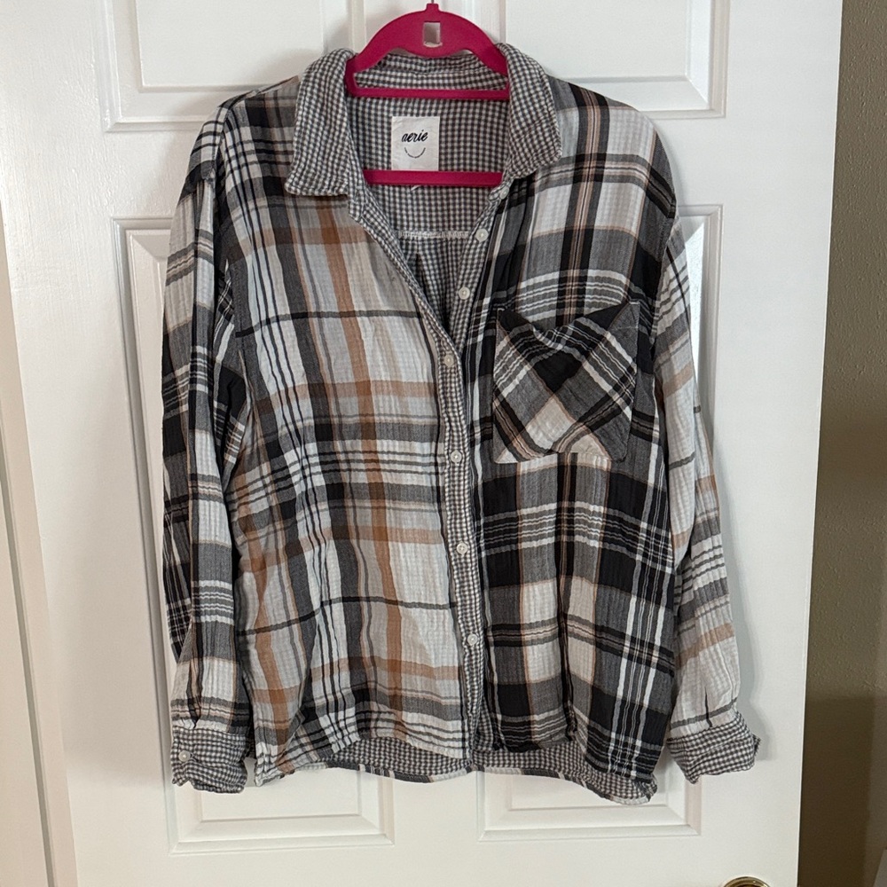 Aerie Plaid Button Down Shirt - Black, White, Brown